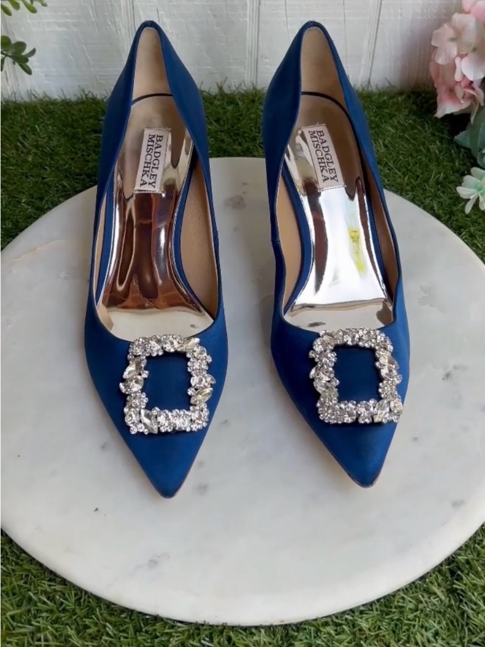 Badgley Mischka Blue Satin Pointed Toe Embellished Pumps, size 8.5